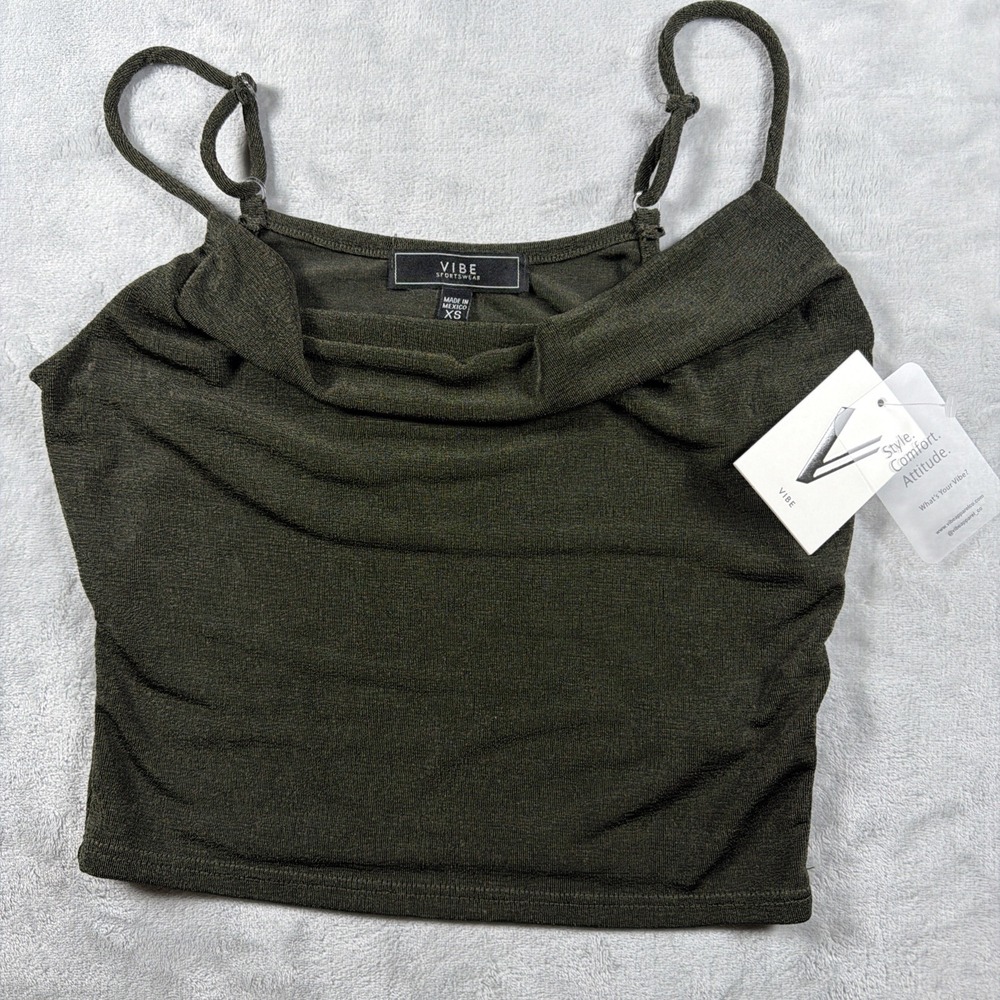 Vibe Sportswear XS Olive Green Slinky Crop Cami Top Y2K Stretch Fitted NWT